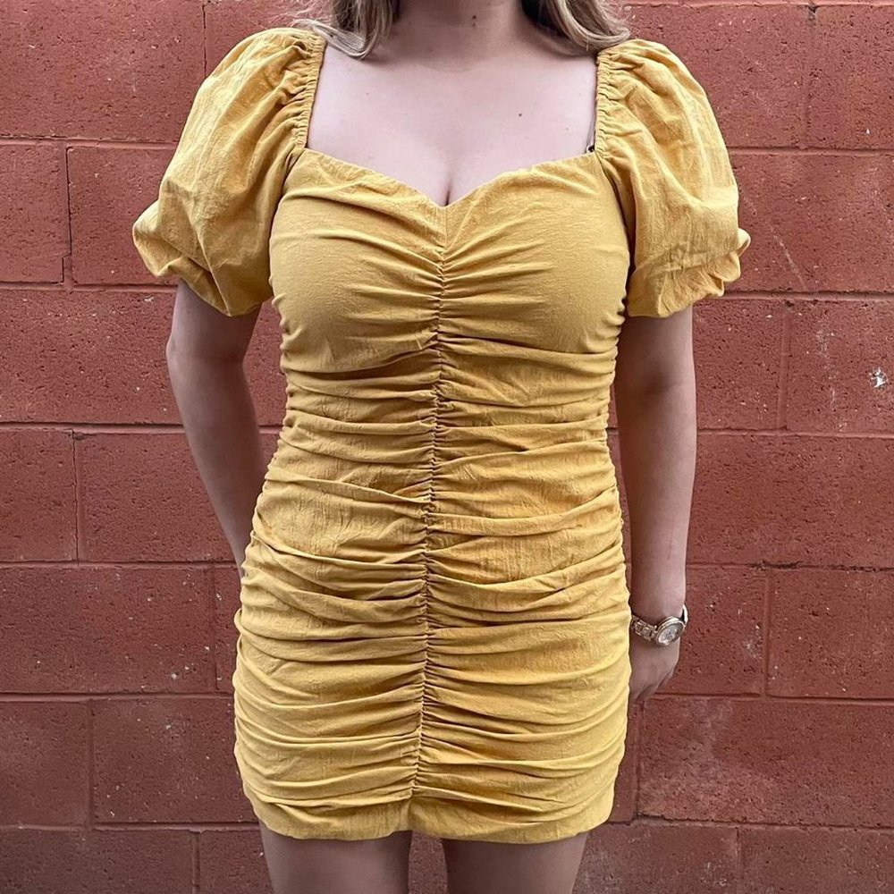 Golden Yellow Ruched Mini Dress